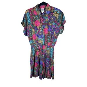 Vintage PB Collections Women 90s Rayon Romper Floral Paisley Geometric Medium